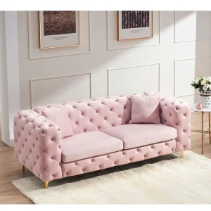 Pink Fabric Sofa Medieval Style Living Room Sleeper Sofa Tufted Wood Frame