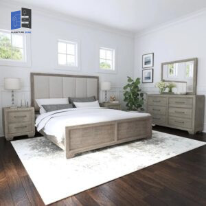 Ennesley Gray Wood Bedroom Set with Upholstered Bed, Dresser, Mirror, and 2 Nightstands